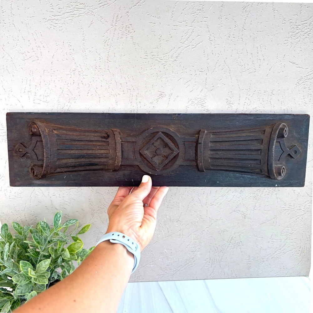 Vintage Hand Carved Wood Wall Plaque Architectural Column Medallion Decor 19in